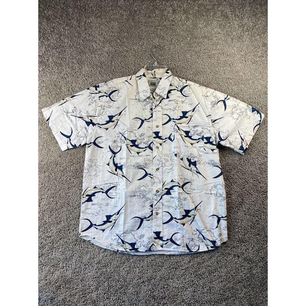 Michael Austin Button Up Shirt Mens Medium White Fishing All Over Print FLAW